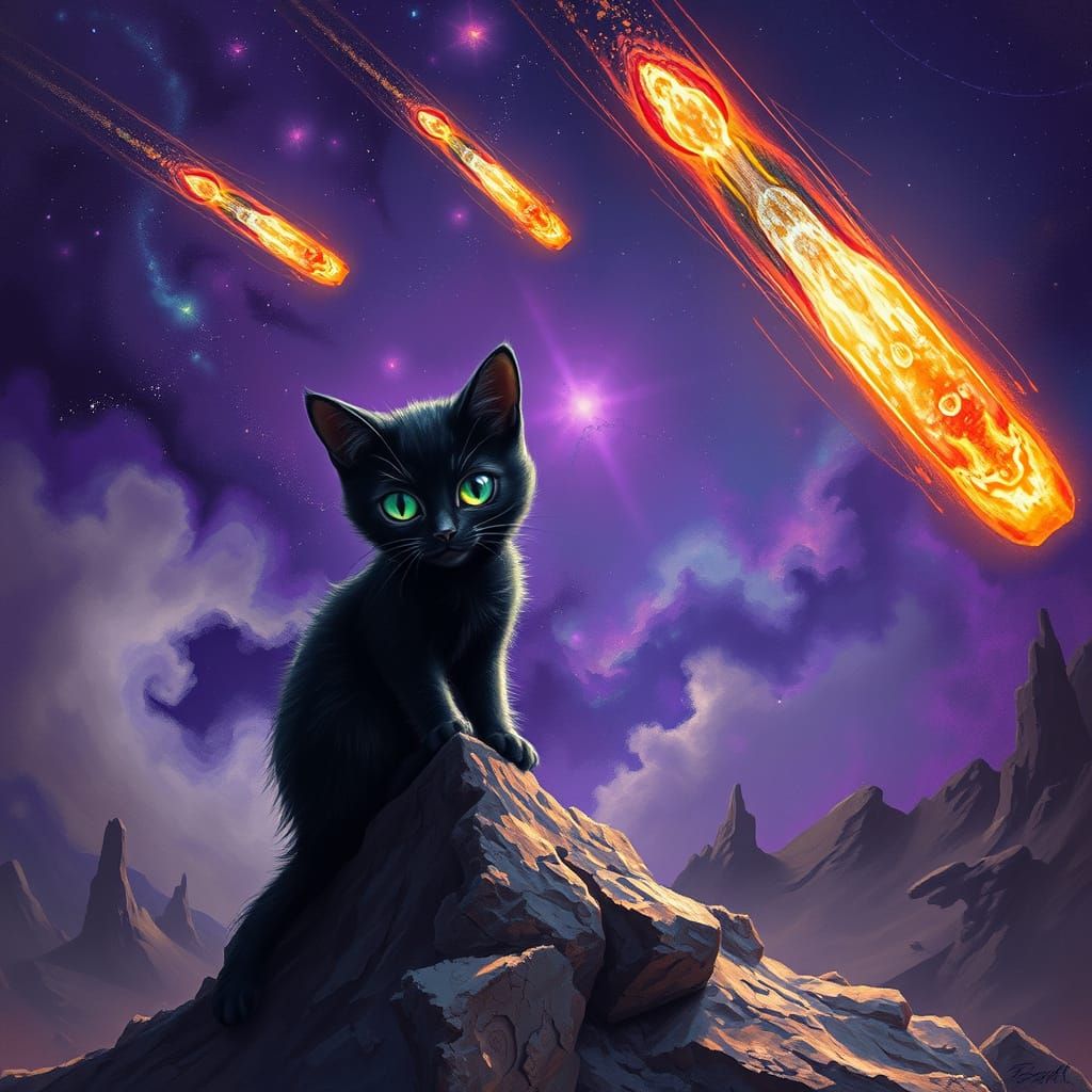 Mischievous Cat on Moonscape Nebula in Surreal Digital Art