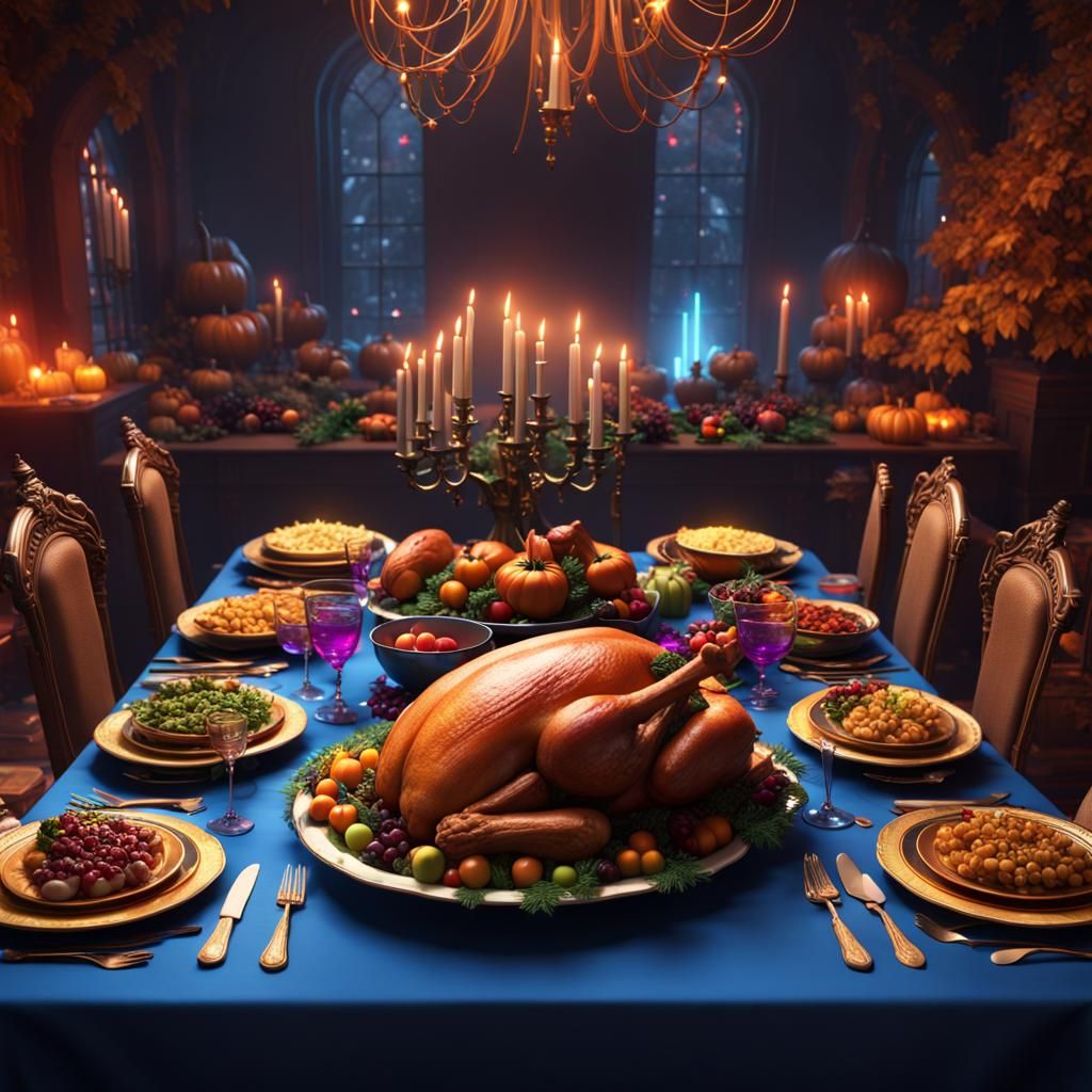 huge Thanksgiving feast tablescape with wide dwarf setting kings chair with twinkles and sparks rainbows ...  by @sandman