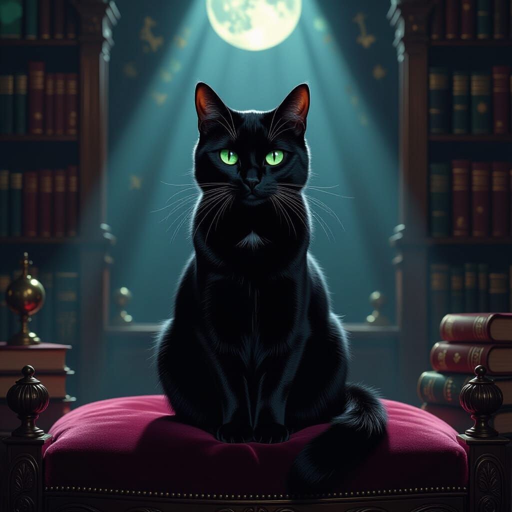 Regal Black Cat in Moonlit Study