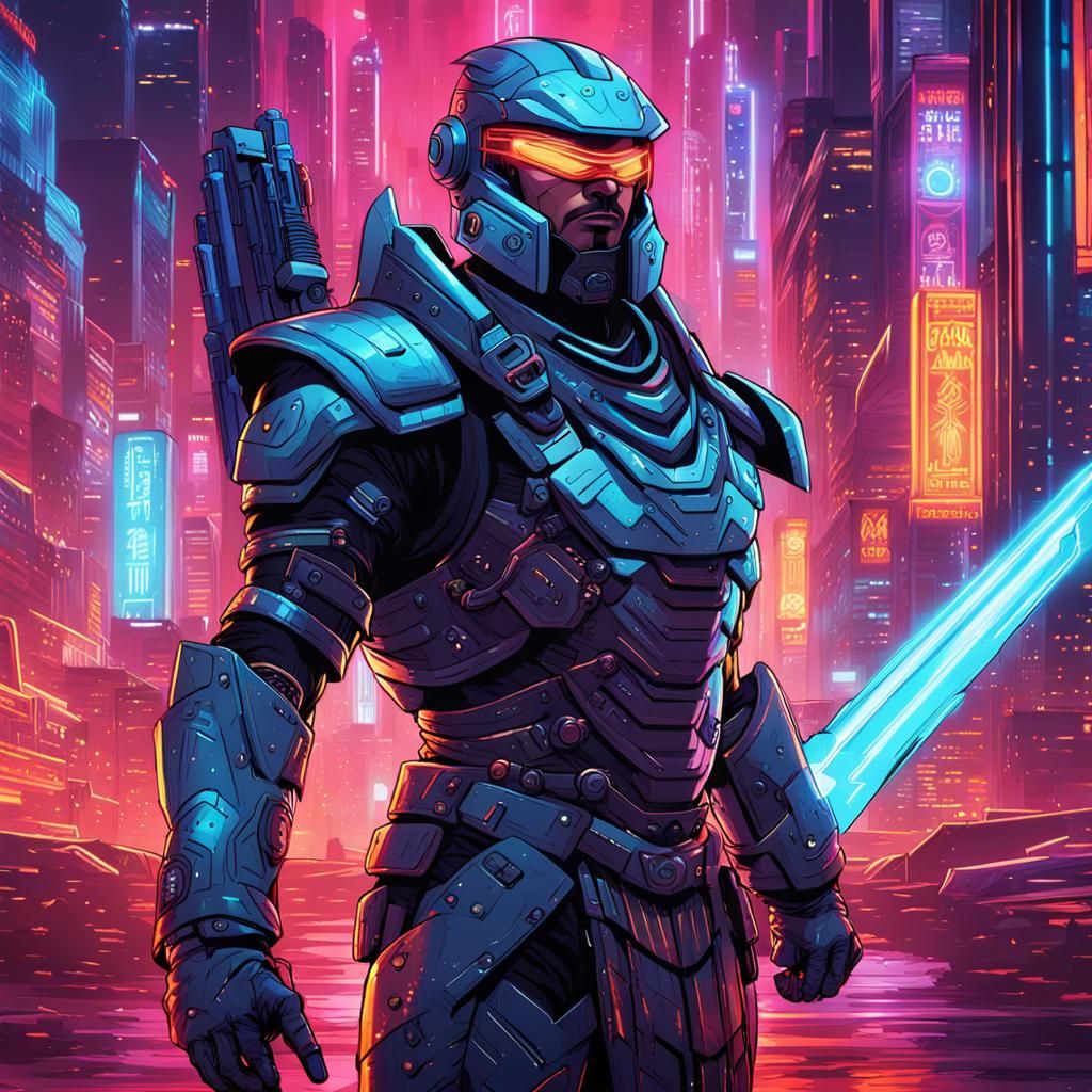 South Indian Warrior in Cyberpunk Cityscape: Anime Style