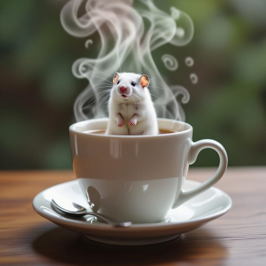 White Hamster Sits in Giant Teacup Amidst Rain