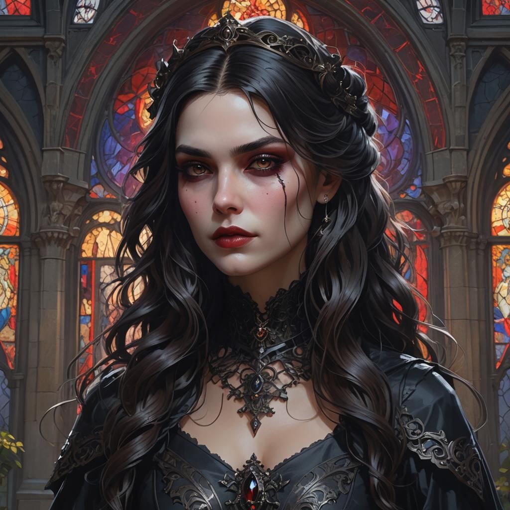 Gothic Vampiress, dark wavy hair, gothic style outfit - AI Generated ...