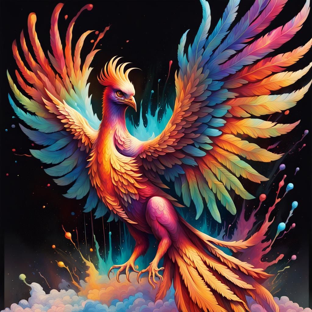 a holographic phoenix rising from cosmic ashes, its feathers...