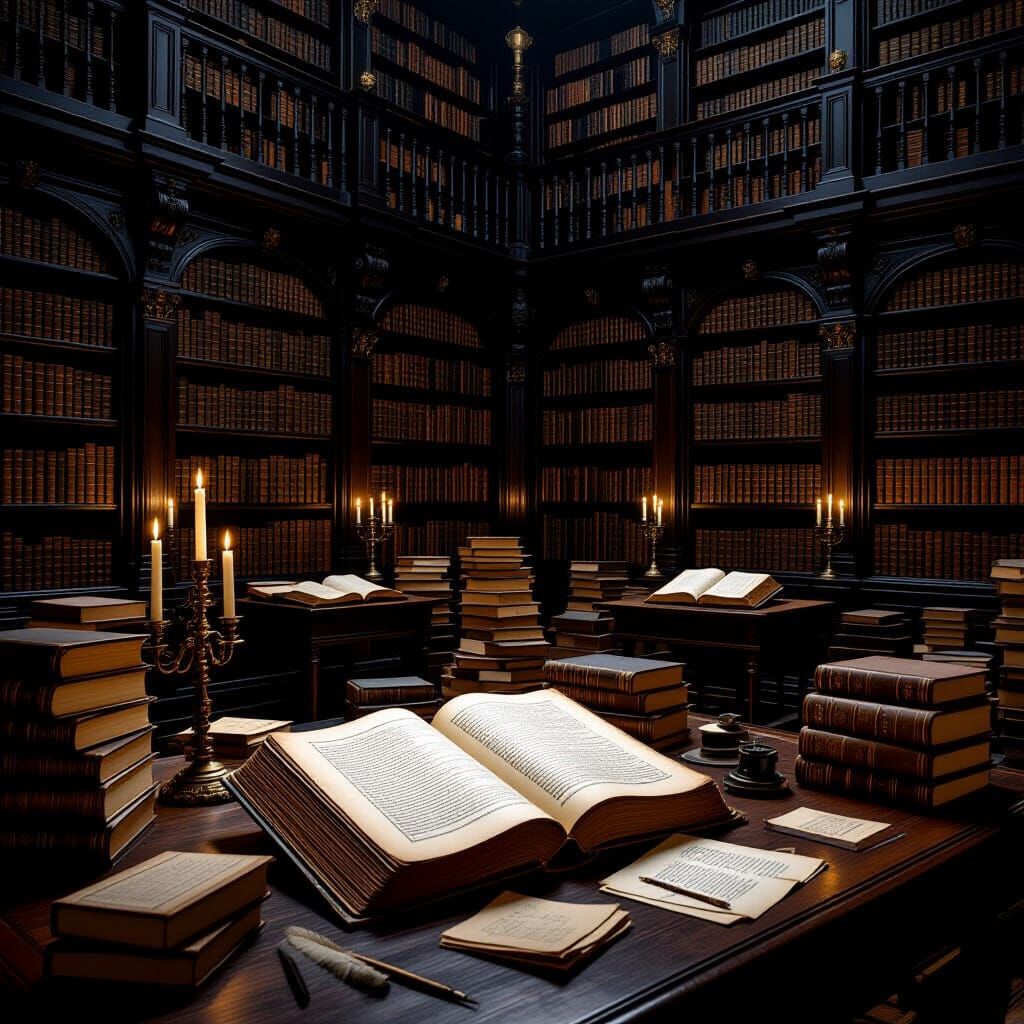 Ancient Library Scene in Classical Realism Style