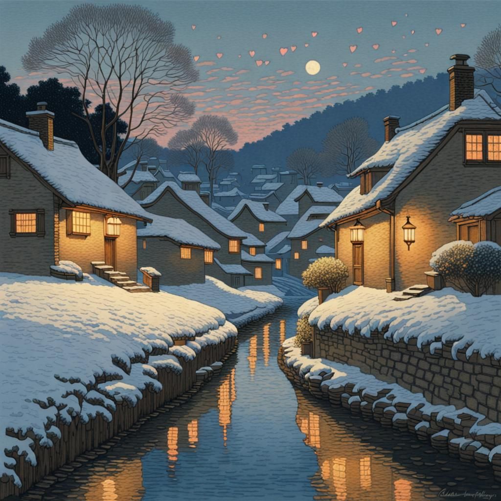 16k resolution, art by Hasui Kawase, Claude Monet, rural vil...