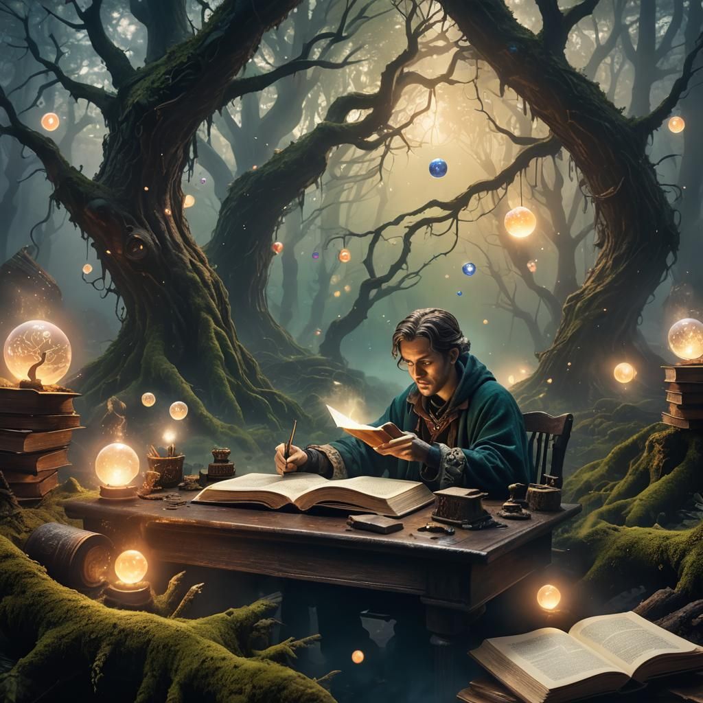 Ethereal Forest Scribe in a Fantasy Matte Painting