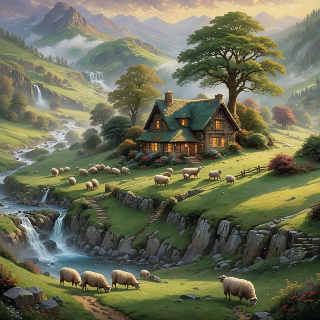 Norse earth house on a hillside with a few of sheep grazing ...