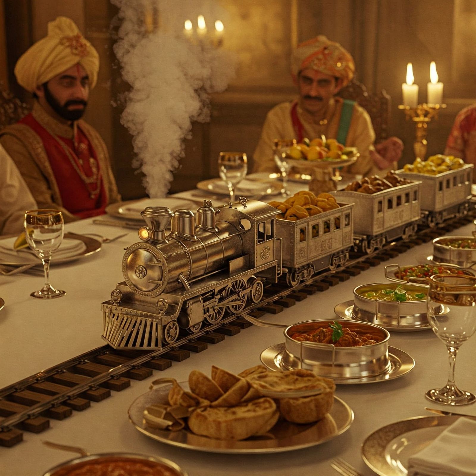 Steam train serving food to guests