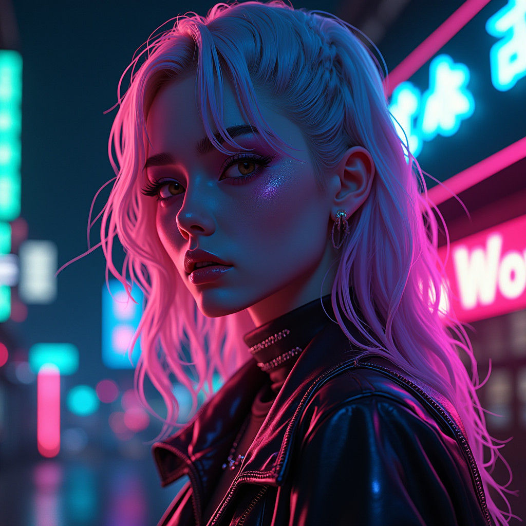 Design a striking neon portrait with vibrant glowing colors and dramatic lighting. The portrait should ...  by @Fausto Santos