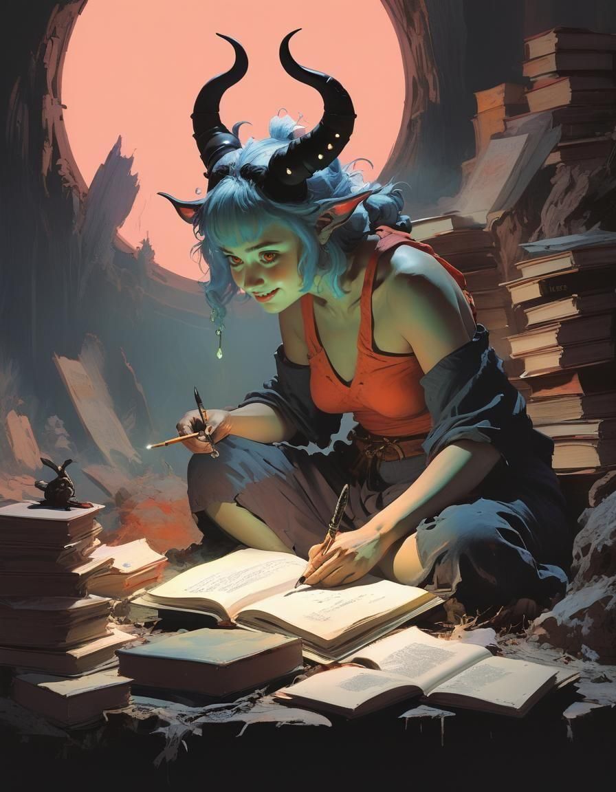 Oni Woman Reading Tome in Studio Ghibli Style
