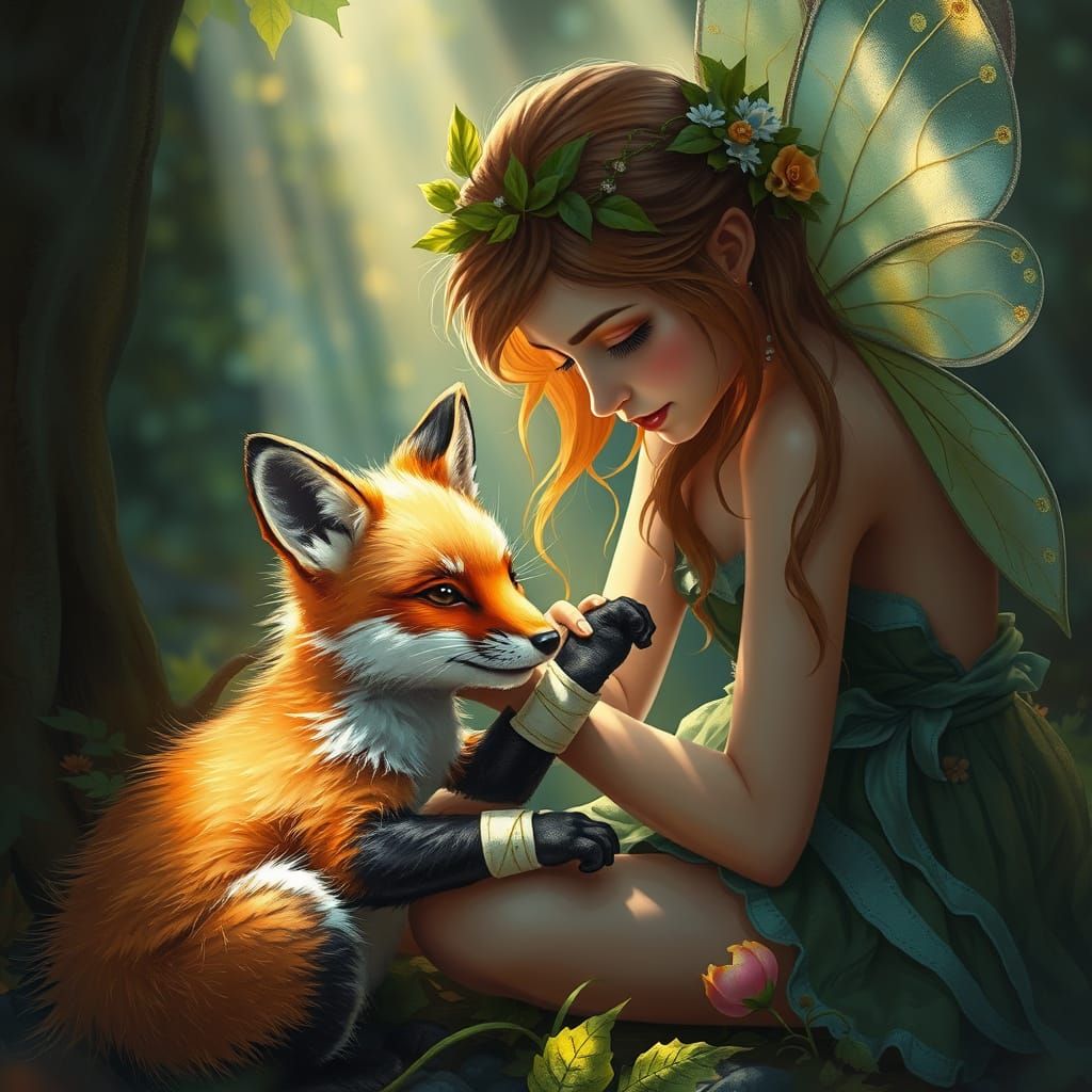 A Forest Fairy Bandaging Up A Baby Fox's Paws  by @Solissa