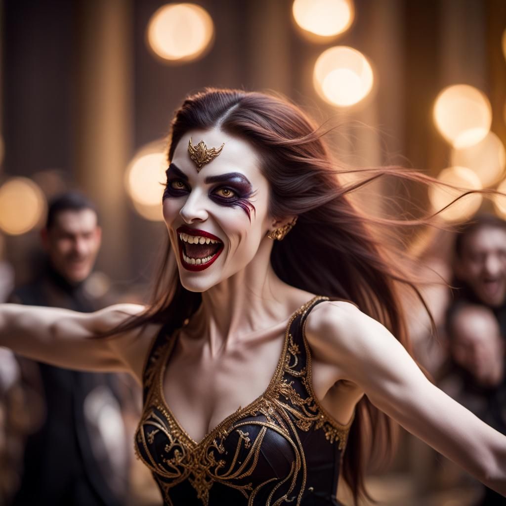 a gorgeous vampire dances ballet.  the eyes have golden myst...