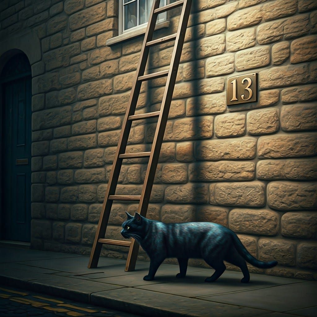 Black cat walks by a wooden ladder in front of house number ...