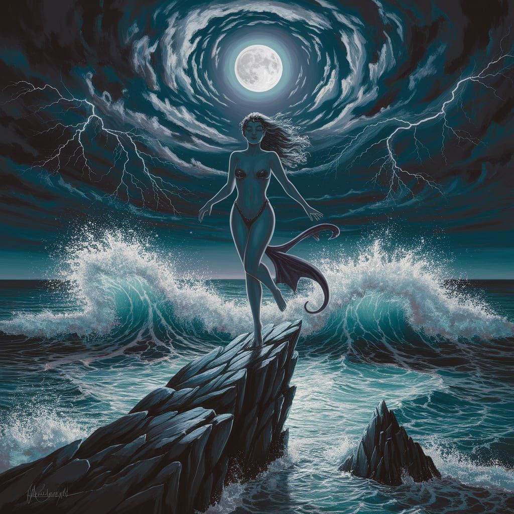 A dark siren on a rock, big waves, a stormy night, 