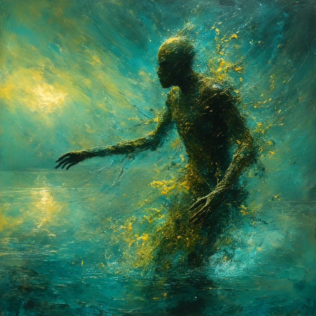 <lora:MJ6 Dark Oil Splash:1.0>a humanoid made of pure energy running across a lake, character made of  glass and oil paint, splashes of pai...