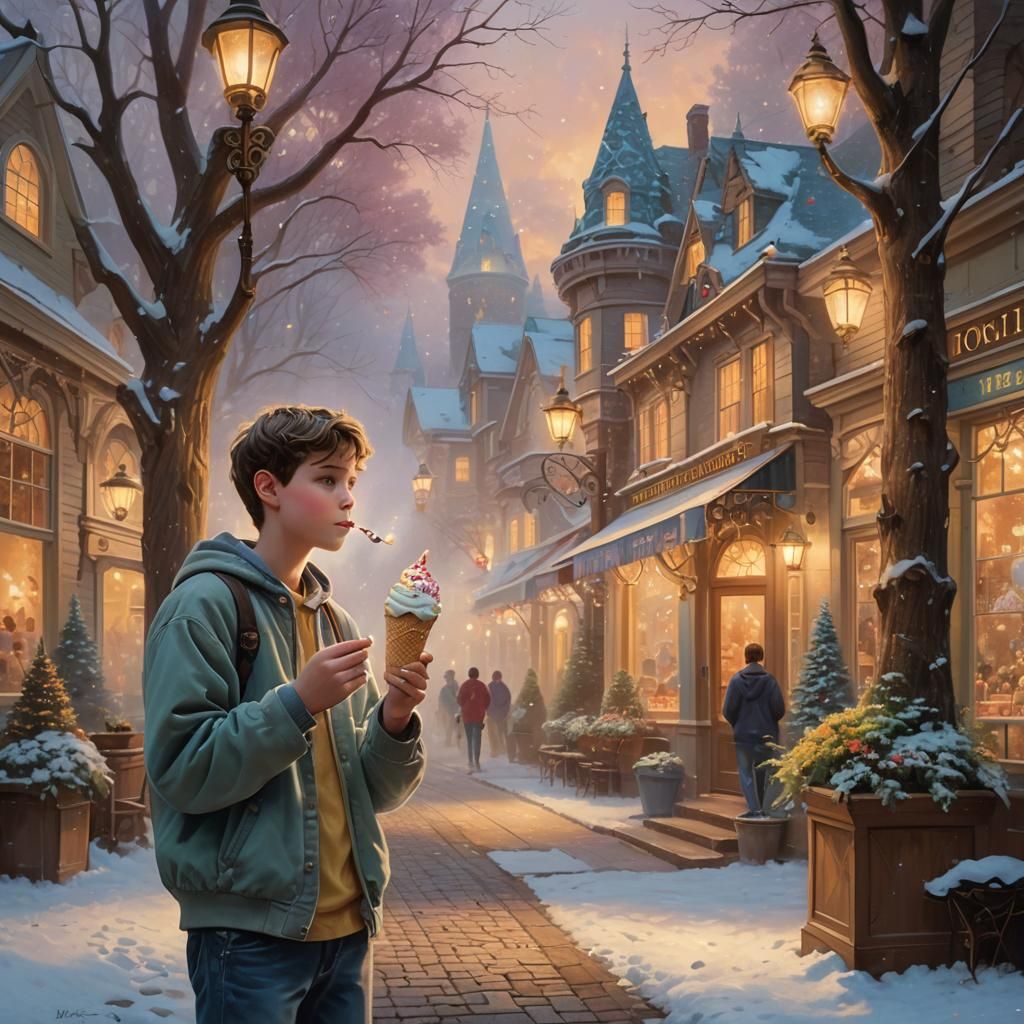 Boy Eats Ice Cream in Misty Courtyard