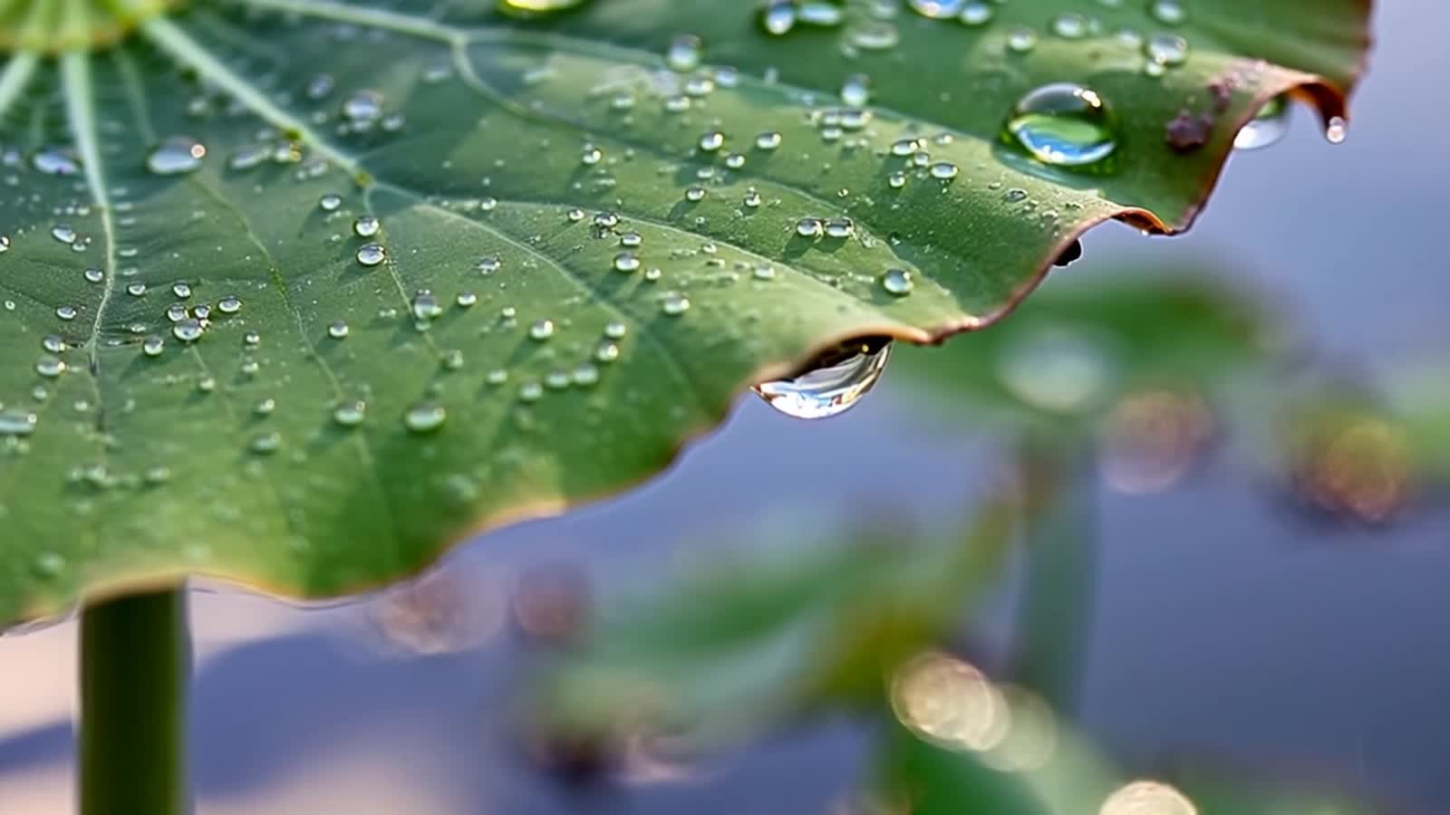An ultra-detailed macro shot capturing water droplets splashing onto a lotus leaf, their crystalline forms shattering in...