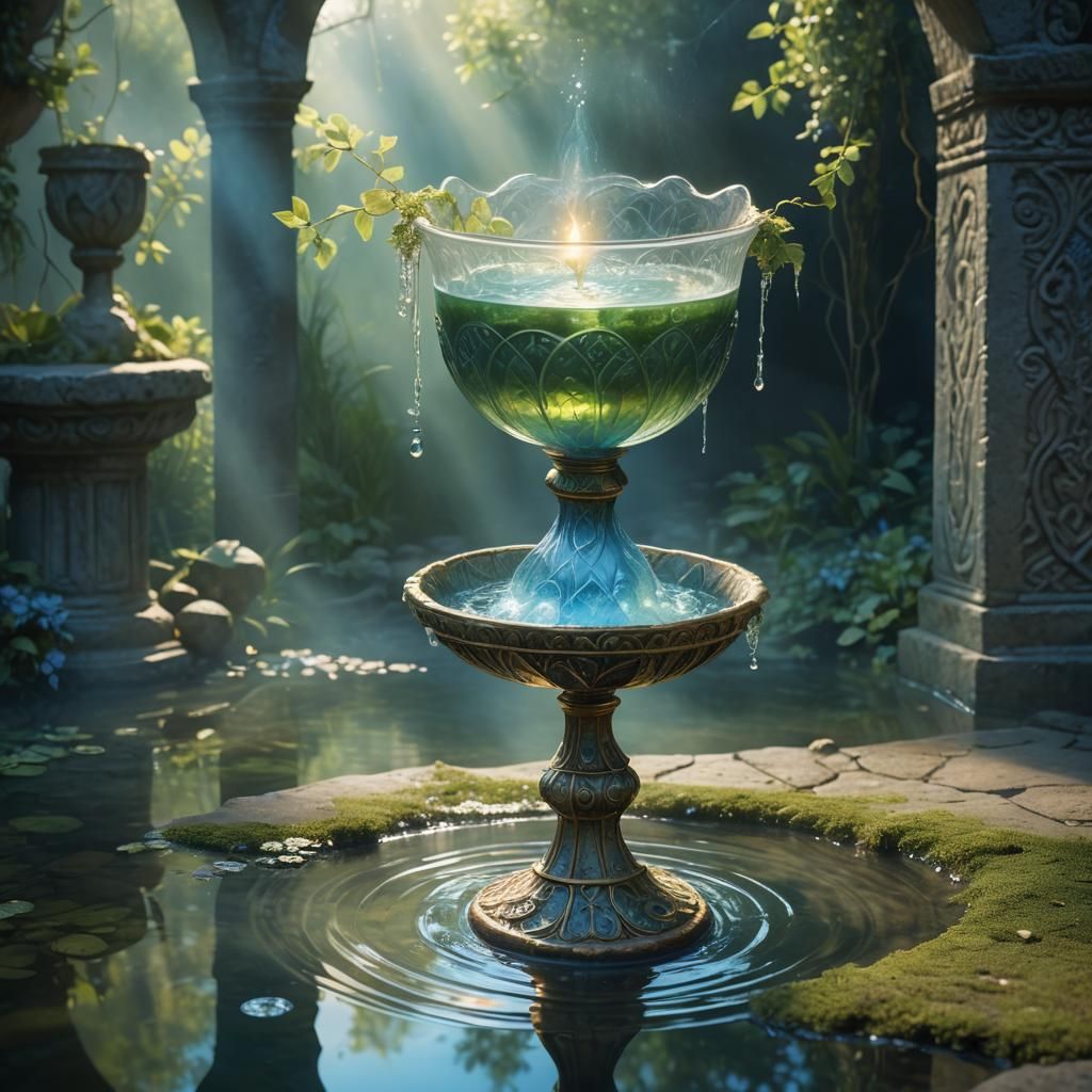 Ornate Chalice Reflecting in Misty Water Well