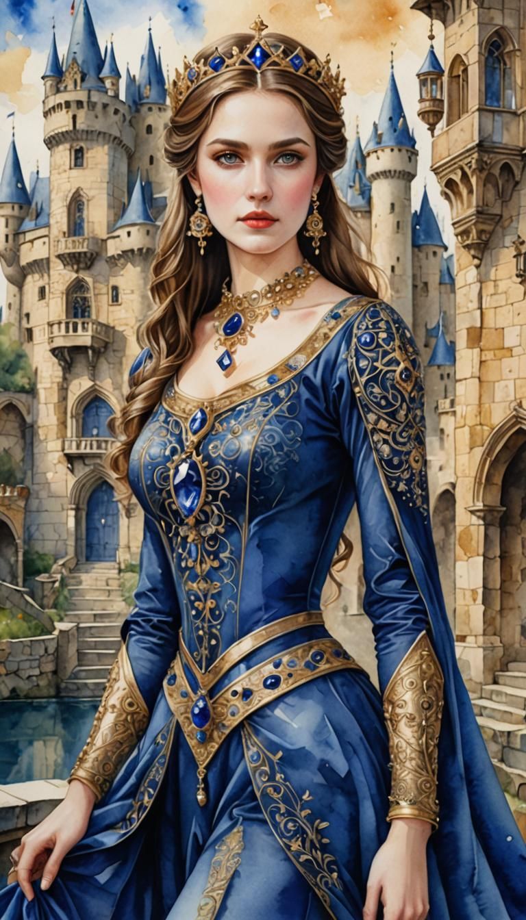 an elegant beautiful lady in medieval times, in royal blue dress and extravaganza intricate designed ...  by @Alan