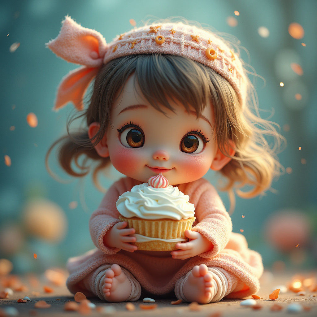 Enchanting Baby Girl with Meringue Cake, Detailed Matte Pain...