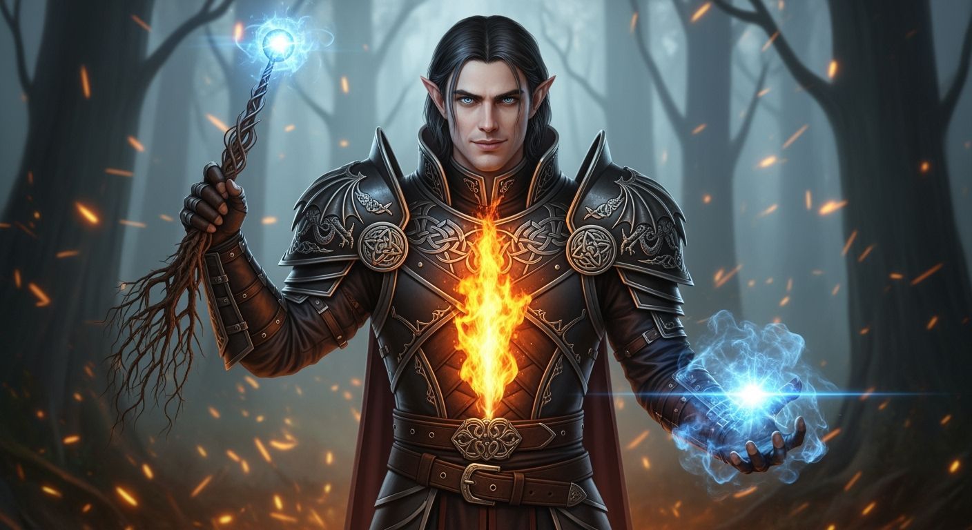 The image depicts a fantasy-style representation of a male elf in a dark forest setting. The figure (The Elf)

Appearance: He has dark, shou...