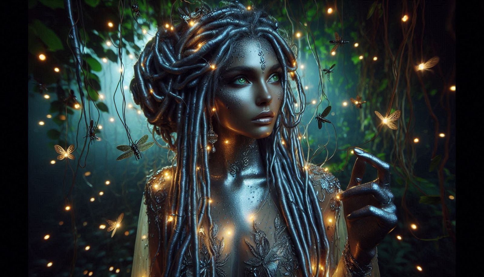 “Biolumina”
An ethereal forest deity cloaked in glowing dreadlocks and silver skin, surrounded by fireflies and enchante...