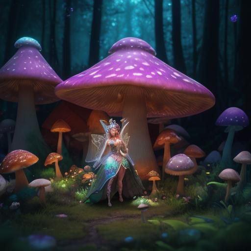 A fairy princess standing in the front yard of her mushroom ...