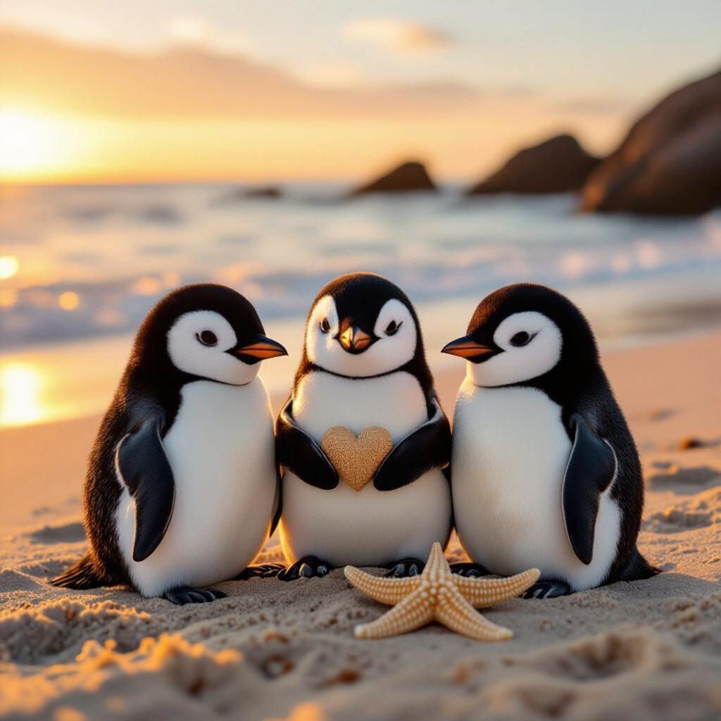 Adorable Penguins at Sunset on Sandy Beach
