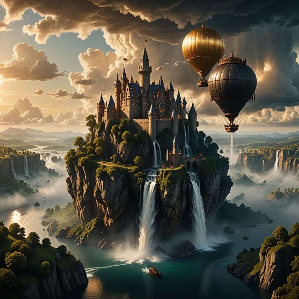 Cinematic lighting. Medium shot. A medieval castle perched precariously on a massive floating island, with waterfalls cascading into the mis...