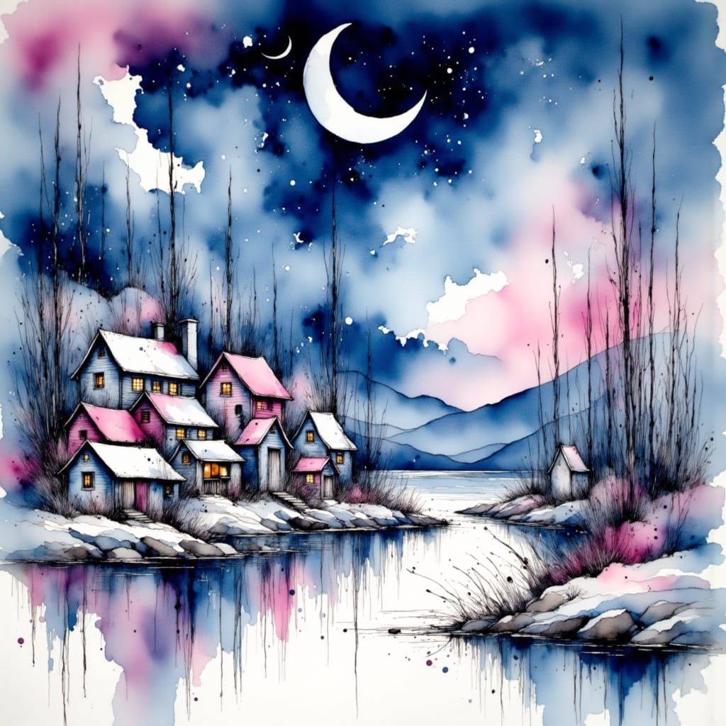 <lora:Experiment:1.0> Watercolour.  Crescent moon above a wooden shanty town built around a harbour. Midnight blue and pastel pink and silve...