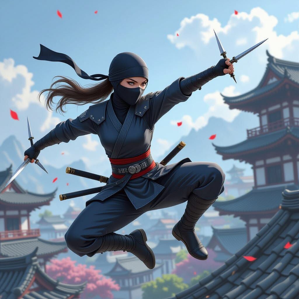 A picture full of movement and dynamism: a young slender beautiful female ninja wearing a form fitting ninja uniform is throwing a few metal...