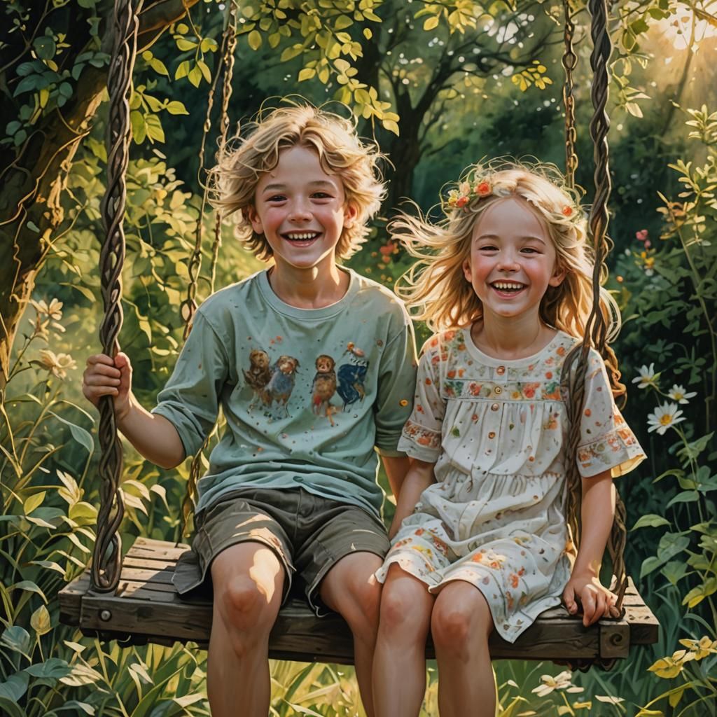 The cute siblings sit in the porch swing in the soft evening light and laugh together, by Lucy Grossmith ...  by @Tina auf der Blumenwiese