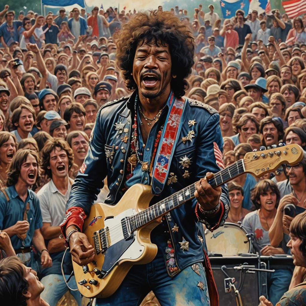 Jimi Hendrix at Woodstock, playing the Star Spangled Banner for a very friendly, happy and stoned crowd, ...  by @Archangel777