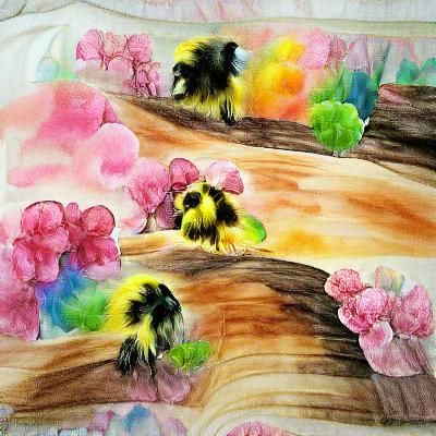 pink yellow blue green flowers and trees watercolor realism ...