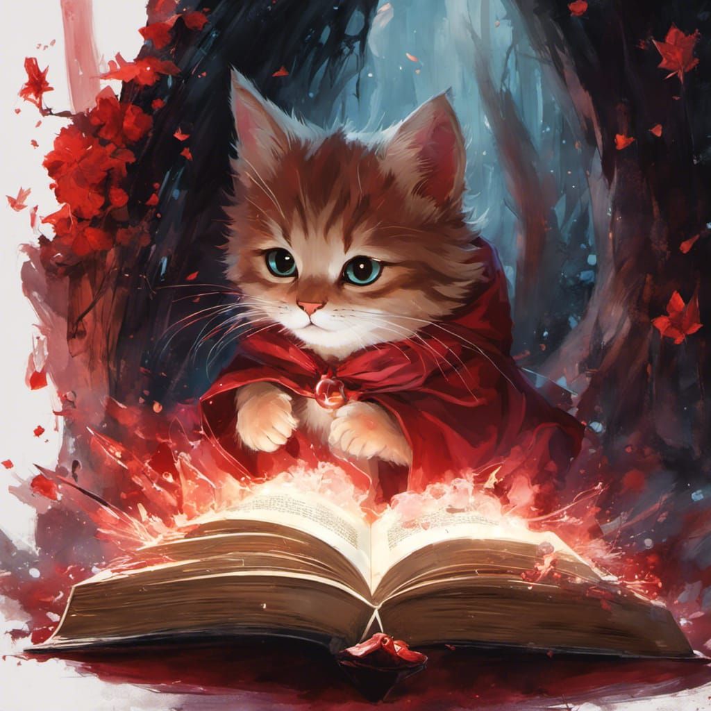 A whimsical adorable cute baby chibi fluffy wizard red witch...