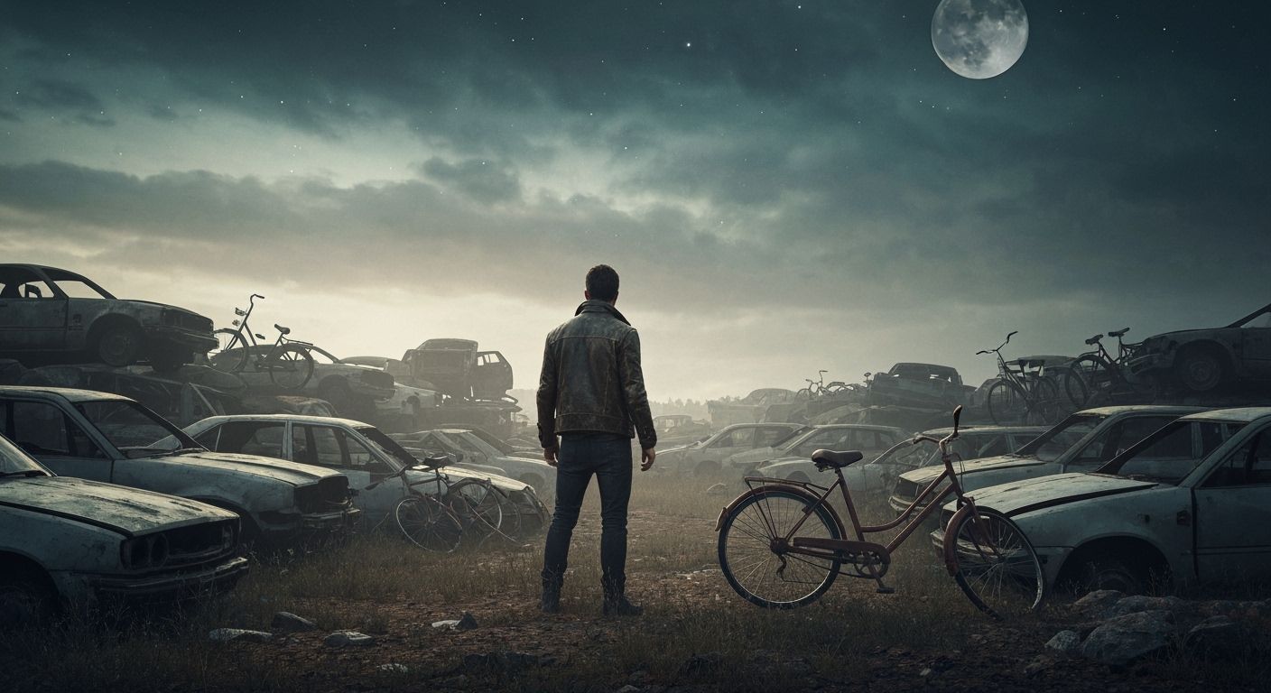 "Finis Terrae" A dystopian setting in a vast junkyard of car wrecks and many abandoned old bicycles. Hyperrealistic and cinematic rendering ...