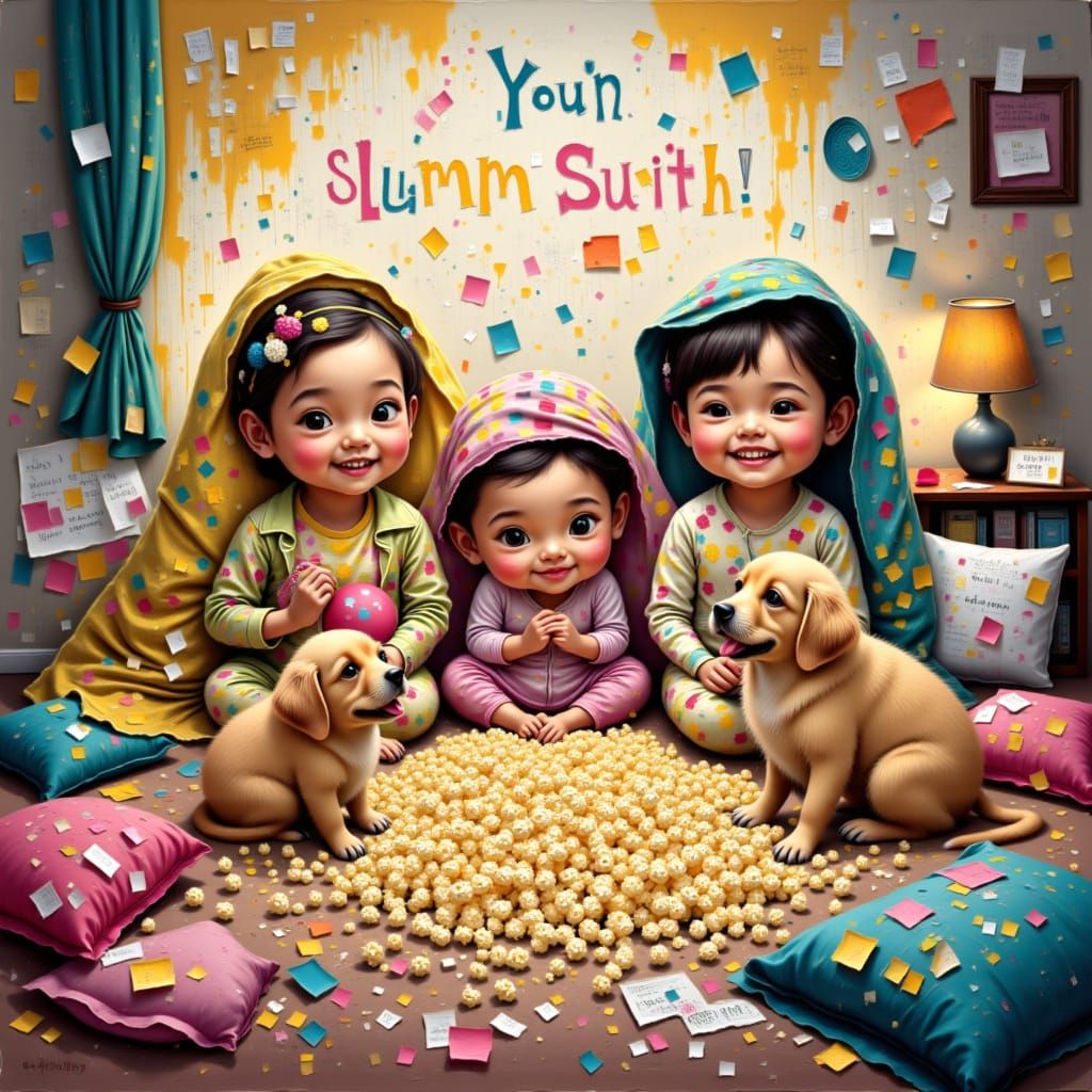 Little girls at a slumber party making a mess with two puppies helping. <lora:Memento Ephemera:1.0> 