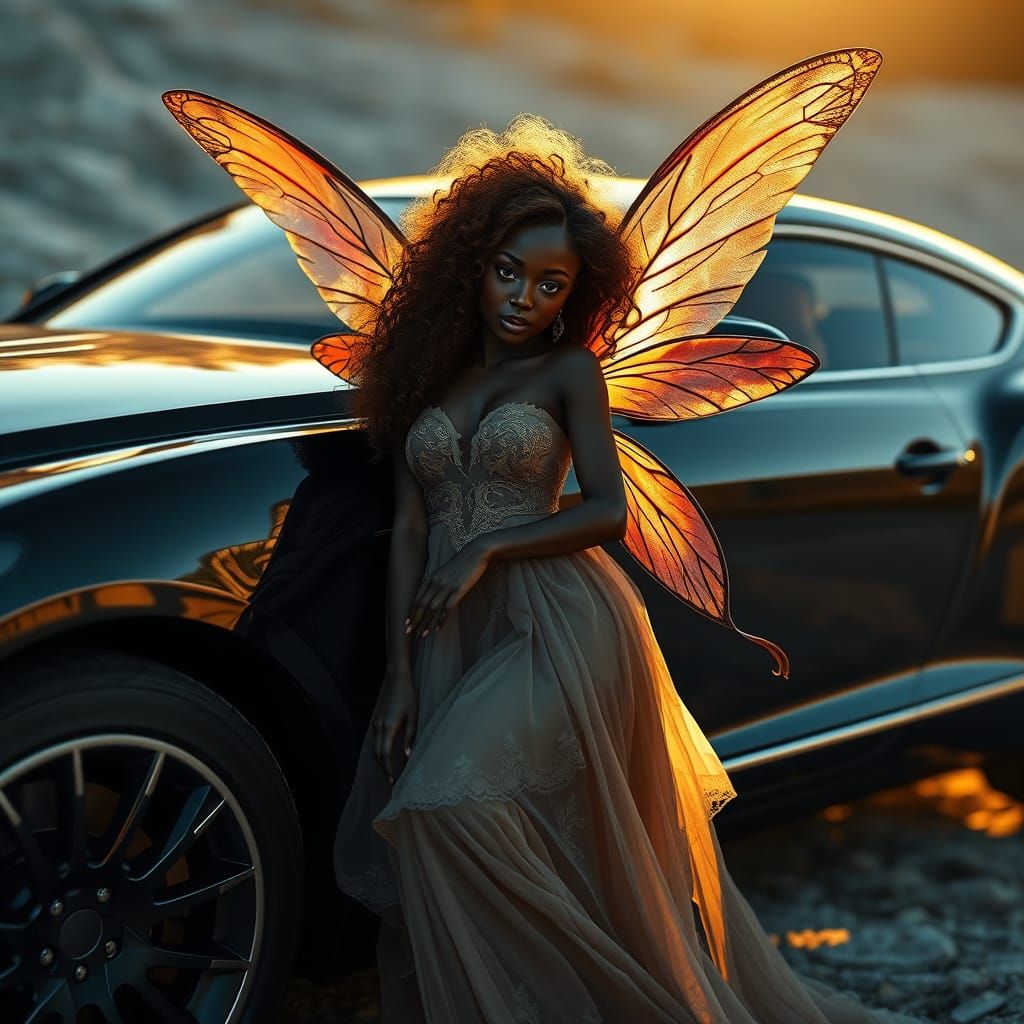 Futuristic Ebony Fairy in Luxurious Automobile