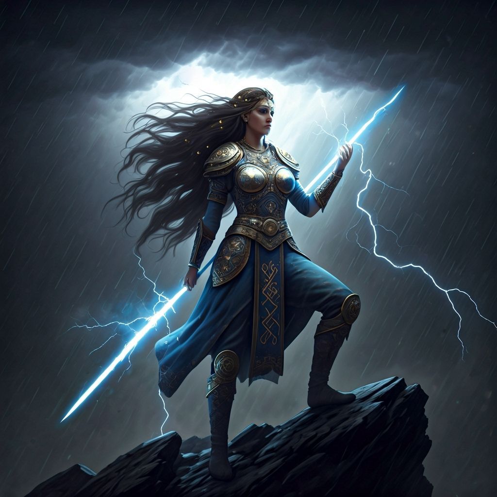 Perunica, Slavic goddess of lightning and storms, standing on a mountain peak during thunderstorm, holding a glowing spear of lightning, lon...