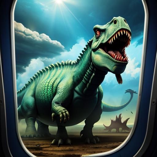 A dinosaurus inside an airplane flight