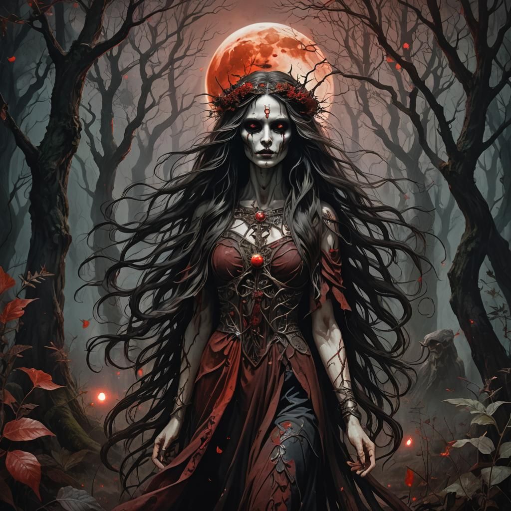 portrait of a goddess walking in a dark forest, under a blood moon