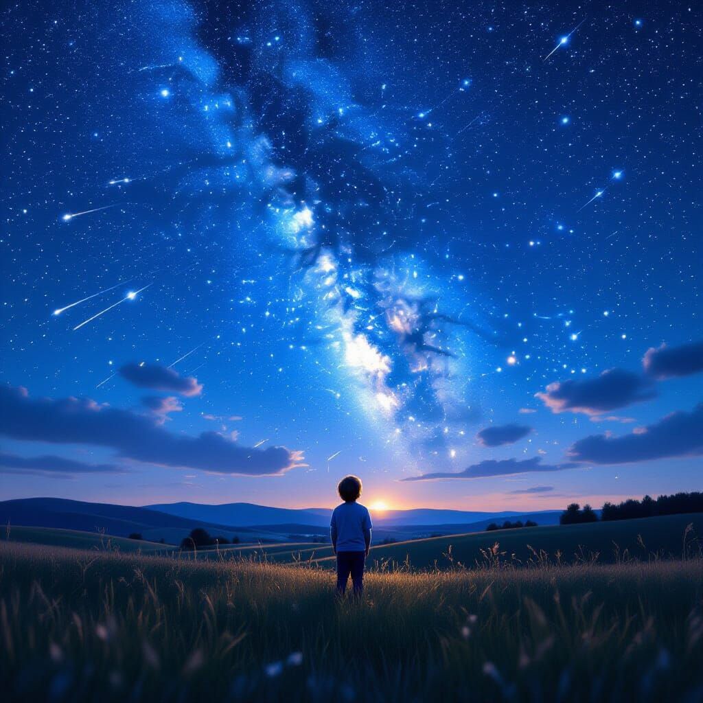 Child Gazes at Meteor Shower Over Night Meadow