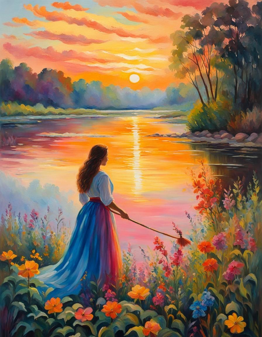 A beautiful woman at the riverbank at sunrise receives the e...