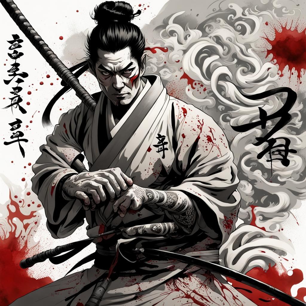 the characters of a Samourai from strong with tattoo art, ink splash ...