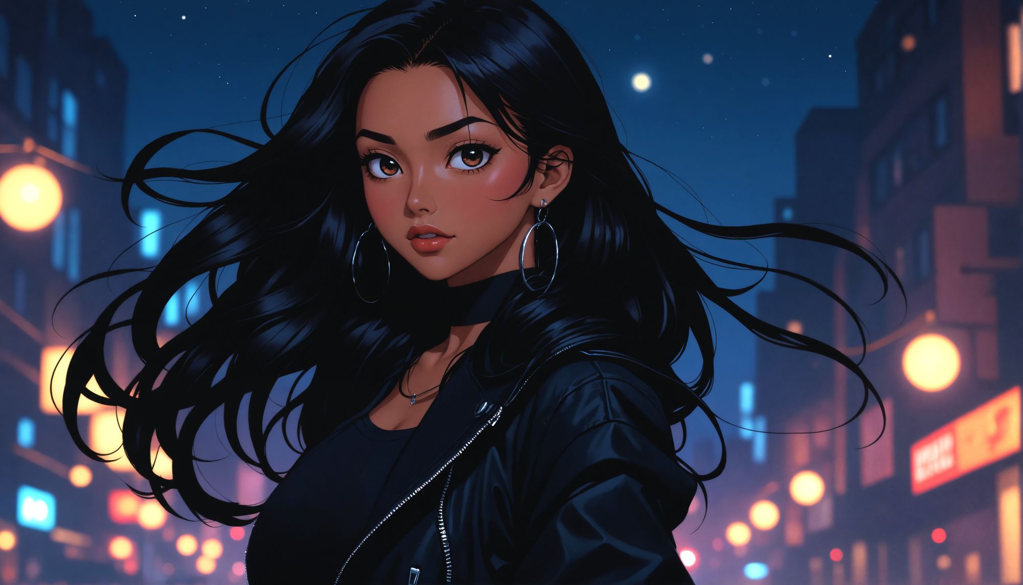 <lora:anime girls:1.0> <lora:Big Hair:1.0> 90s anime style. medium to far distance voluminous long wavy dark hair framing face and along bac...