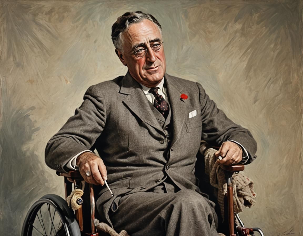 Franklin D. Roosevelt in a wheelchair and wearing his signature monocle and cigarette in a holder, legs ...  by @Pinhead fan