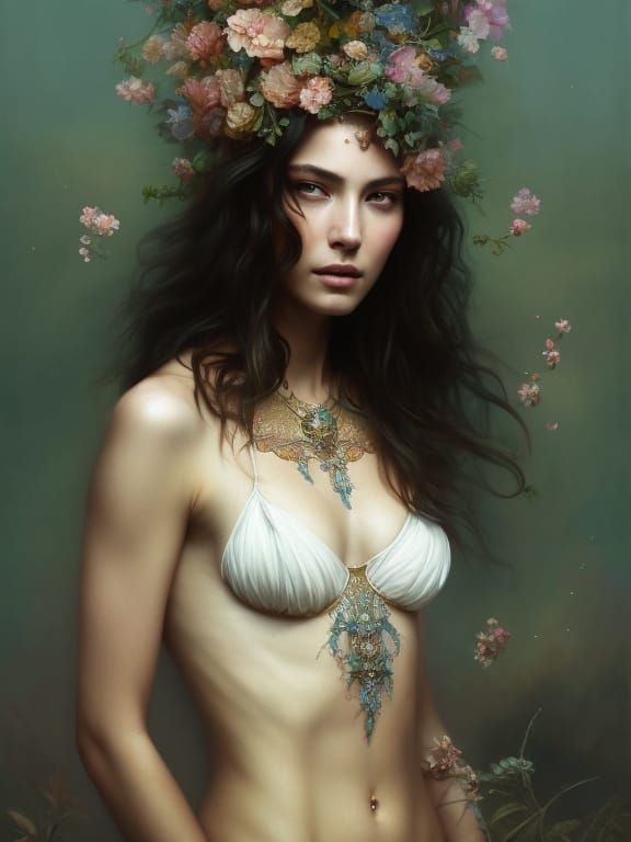 Tattooed Woman in Wildflower Meadow: Hyperrealistic Portrait