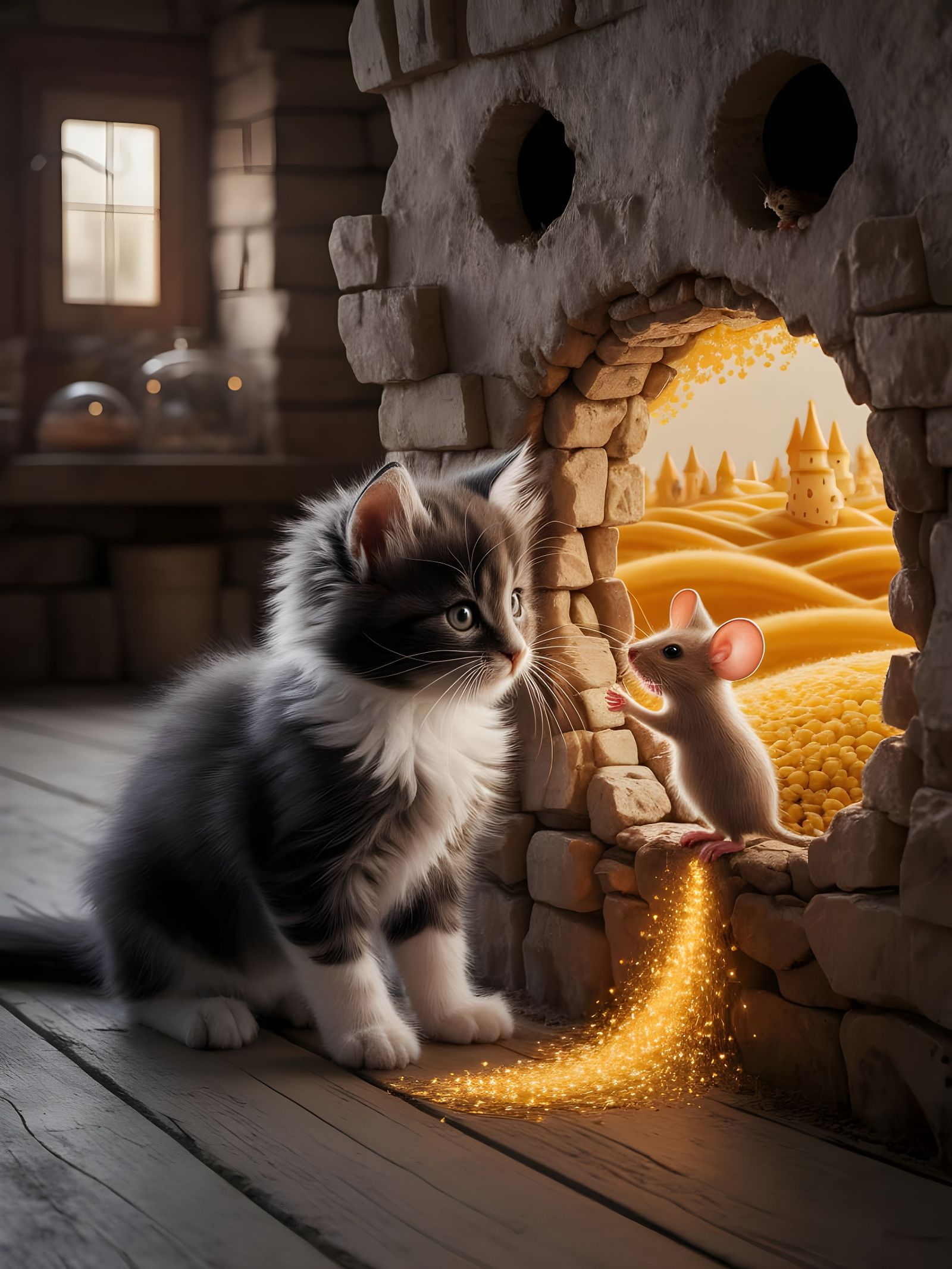 cinematic photography, a fluffy grey-and-white kitten sits on a wooden floor, mesmerized by a small mouse ...  by @capy