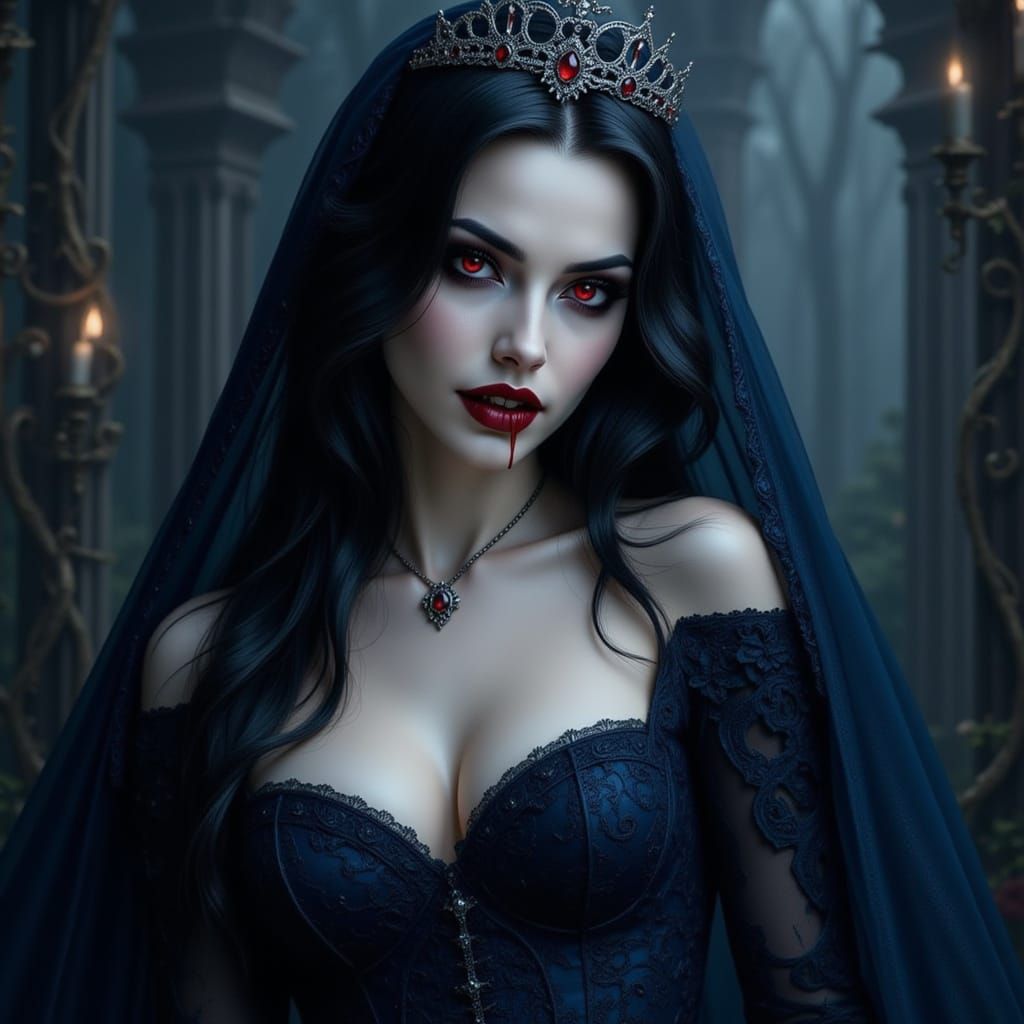 Portrait of a brunette vampire woman in a dark blue gown with red eyes, fangs and blood drips on her lips. Wearing a tiara. <lora:Elite Vamp...