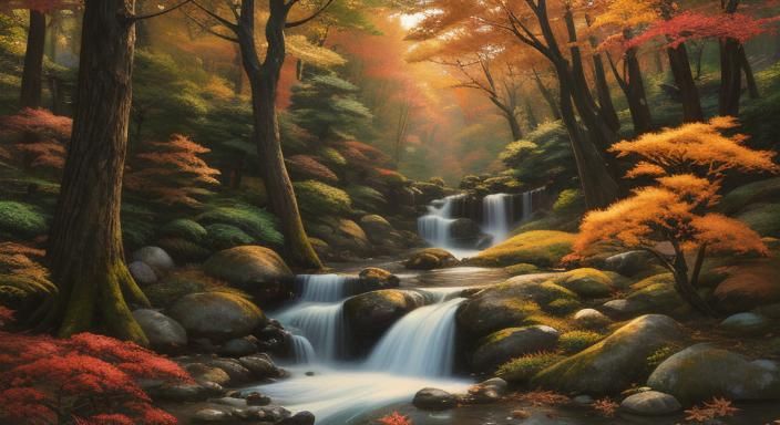 Photorealistic Autumn Wilderness Oil Painting Thomas Kinkade